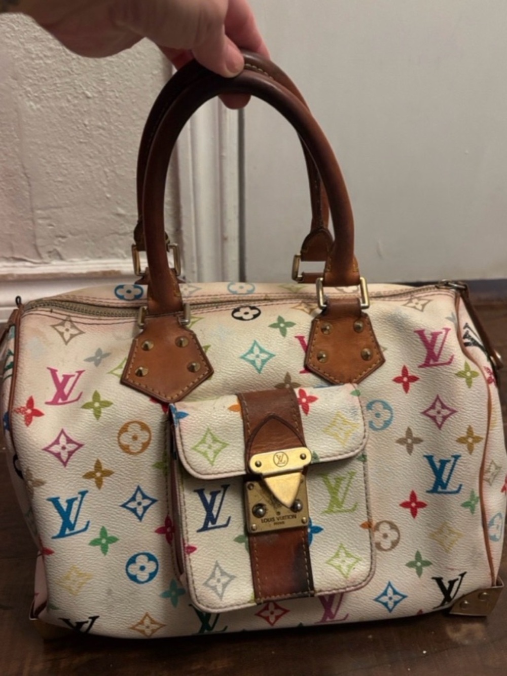 Louis Vuitton White Multicolor Monogram Satchel with Brown Trim